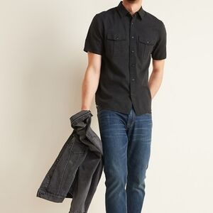 Kenneth Cole Reaction Black Relaxed Fit Military Style Short Sleeve Button Front